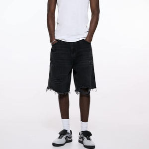 Shorts en jean vintage délavé noir pour hommes, coupe ample, taille basse, style streetwear, jorts baggy déchirés avec bords bruts - Product Image 2