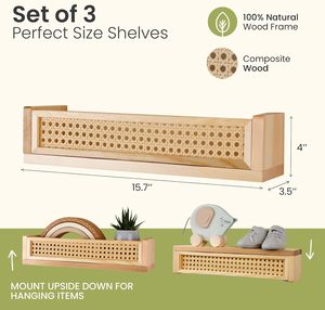 Étagère <span class=keywords><strong>murale</strong></span> en rotin, lot de 3, 16 pouces, étagères flottantes avec finition huilée pour la chambre d'enfant, bibliothèque bohème pour la décoration de la chambre de bébé - Product Image 2