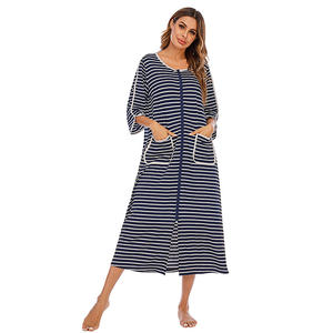 YB Large Size Loose Stripe Nightgowns Women's Long Homewear Nightdress Morning <strong>Dressing</strong> <strong>Gown</strong> <strong>with</strong> <strong>Zip</strong> Ladies House Robes Night - Product Image 5
