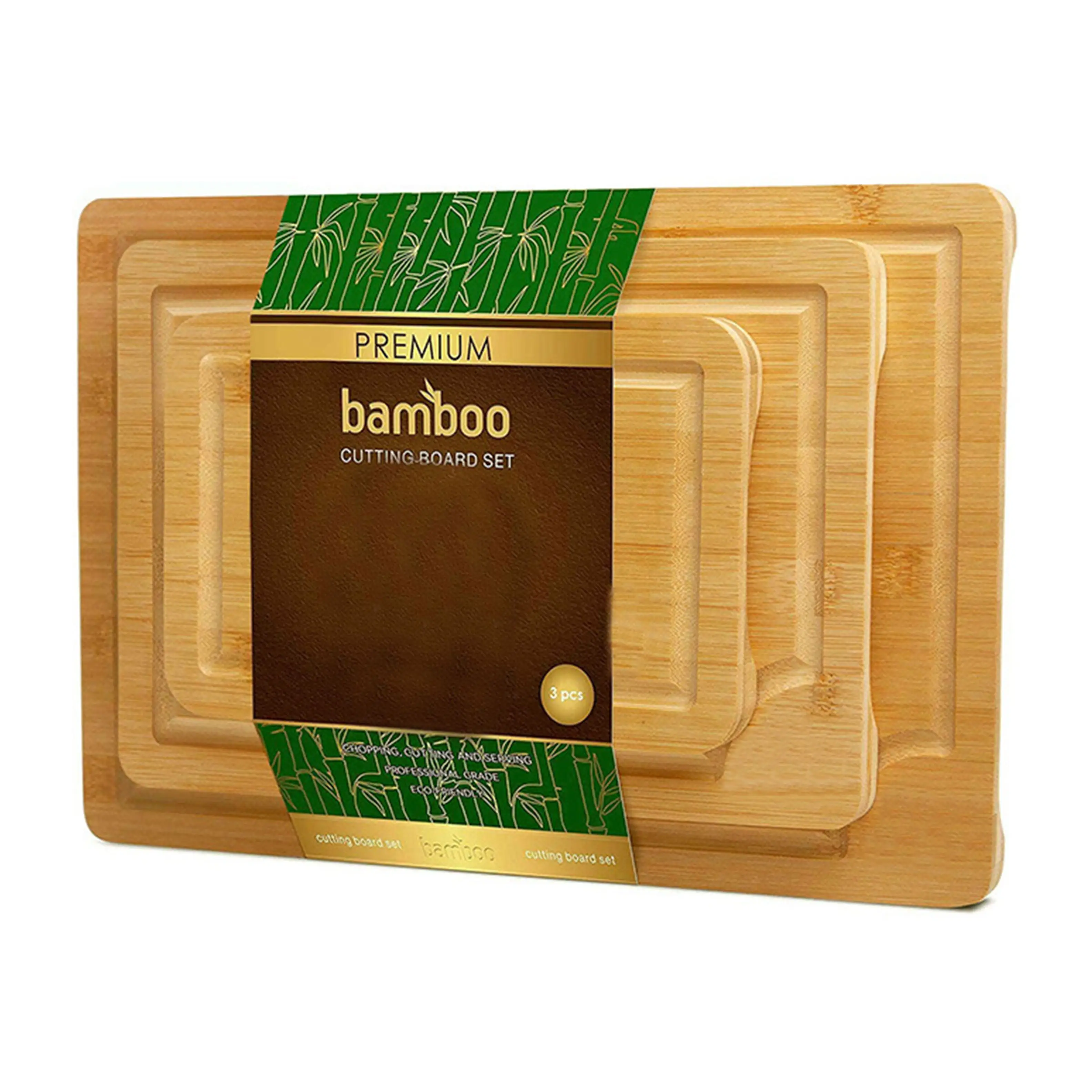 Fabrika özel lazer kesim kartları, mutfak kesme tahtası 3 parçalı set, bambu kesme tahtası seti 3