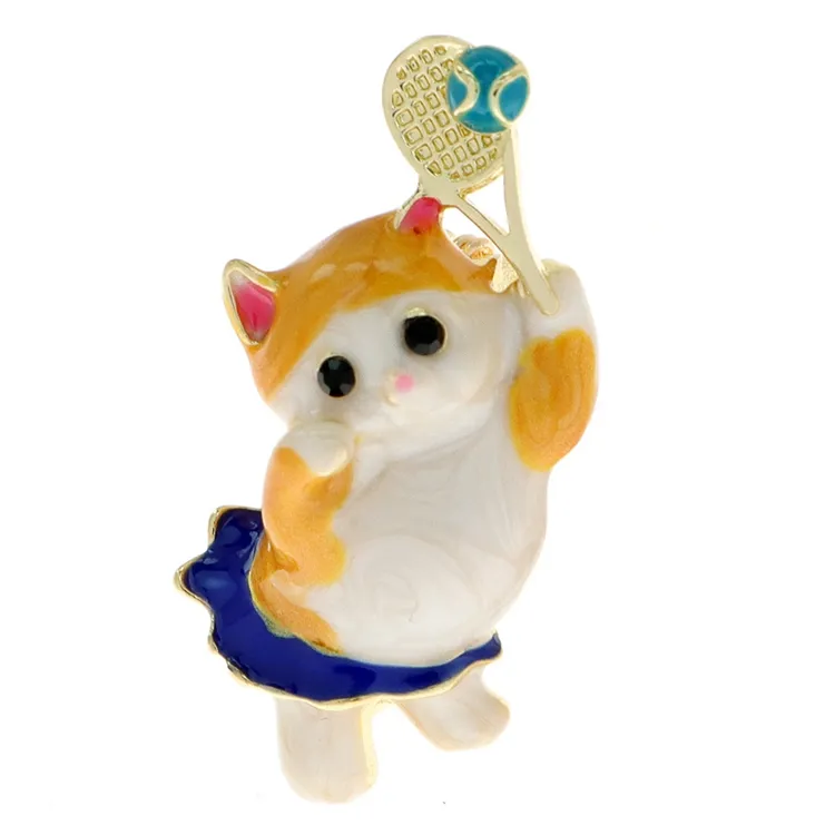 YB-69 grosir pakaian Fashion perhiasan lukisan Enamel paduan bermain tenis hewan lucu bros kucing