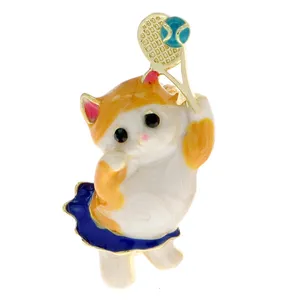 YB-69 toptan moda giysi takı boyama emaye alaşım tenis oynarken sevimli hayvan kedi broş