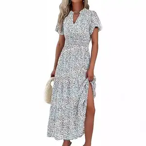 Damen Ditsy Druck Kurzarm Rundhalsausschnitt Maxi Smocked Freizeitkleid Sommer V-Ausschnitt Blumendruck Midi-Kleider urbanes elegantes Kleid