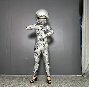 Combinaison moulante une pièce pour femme, effet miroir argenté, avec casque et détails en verre miroir, en <span class=keywords><strong>acrylique</strong></span>, pour spectacle, concours de talent, DJ, danse, bar, fête, adulte - Product Image 5