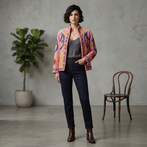 Veste en velours brodée Suzani rose artisanale pour femme, motif floral coloré, style ethnique bohème, vente en gros, vêtements d'extérieur - Product Image 1
