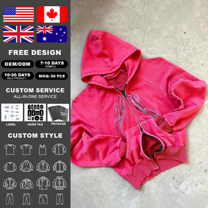 Custom Hoodies High Quality Men 100% Cotton Breathable Vintage Distressed Finish Washed Printing Embroidery Zip-Up Jersey Hoodie - Product Image 2