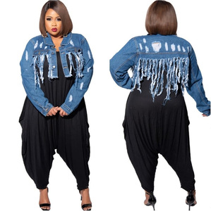 S-5XL Ripped and Washed <strong>Fringe</strong> Cut Back and Navel Sexy Short <strong>Denim</strong> <strong>Jacket</strong> for Women Holes Tassel <strong>Denim</strong> Coat - Product Image 5