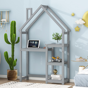 Gray Solid Wood Children's House <b>Desk</b> Bookshelf Multifunctional <b>Study</b> <b>Desk</b> For Bedroom Kids Tables - Product Image 4