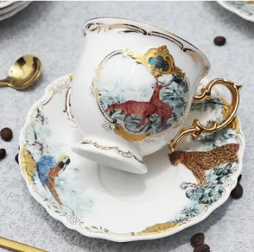 European British luxury Ceramic coffee jungle animal saucer bird monkey gold fine bone China cups tea cup set with saucer