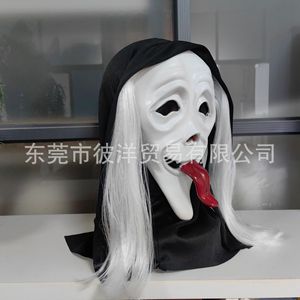 Máscara de Terror Blanca con Pelo Largo y Lengua, Accesorio para Fiesta de Halloween, Material de Emulsión, Máscara Facial - Product Image 4