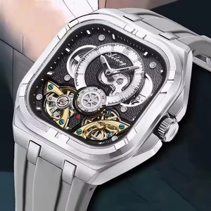 AILANG Montre mécanique pour homme, cadran analogique tourbillon, boîtier noir, bracelet en silicone bleu, mode luxe, boîtier polygone 43 mm - Product Image 2