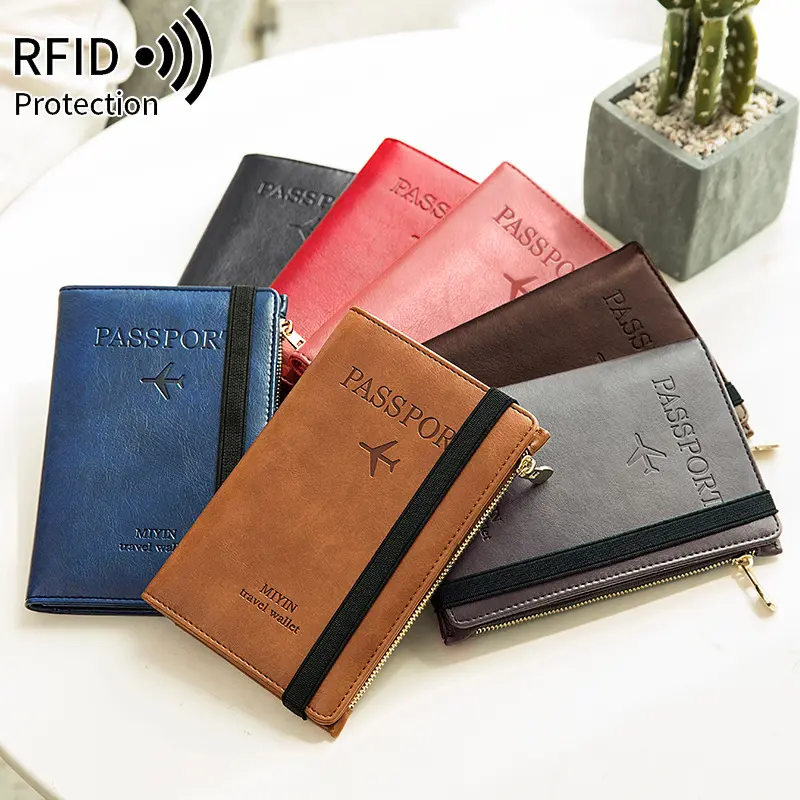 Atacado PU Leather Emboss Logo Zipper Bolsa Plane Ticket Travel Wallet Card Slots Titular do passaporte