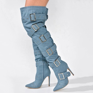 Belt Buckles Women Knee High Boots Metal Slim Heeled Denim Long Booties Sexy Punk Blue Stiletto Dress <b>Shoes</b> - Product Image 3