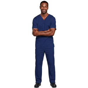 Ensemble de blouses médicales bleu marine pour hommes, col en V, coton et polyester tissé, uniforme d'hôpital avec poche poitrine pour usage médical - Product Image 1
