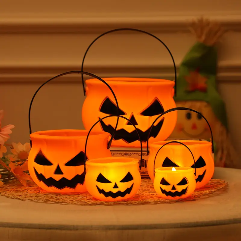 GreenEarth Halloween naranja plástico truco o trato calabaza linterna decoraciones cubo contenedor caramelo titular