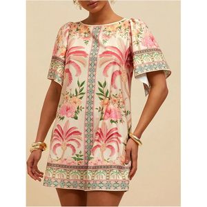 Women's Boho Floral <b>Dress</b> Crew Neck Short Sleeve Mini Tunic Chiffon Breathable <b>Tropical</b> Vacation Outfit - Product Image 3