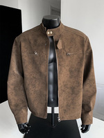 Veste en cuir à col montant de style rétro américain pour homme, veste zippée surdimensionnée pour le printemps et l'automne, veste en cuir PU décontractée vintage