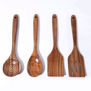 4 Piece <b>Wooden</b> Kitchen Utensil <b>Set</b> Acacia Wood Cooking Spoon Slotted Turner Strainer Non-Stick Cookware Safe Bamboo <b>Tools</b> - Product Image 1