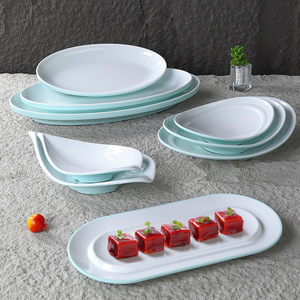 Plateaux de service ovales en mélamine blancs avec bord bleu clair pour hôtel, restaurant, assiettes à poisson vapeur et desserts - Product Image 2