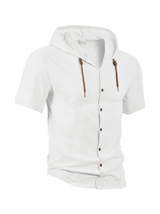 American linen <b>men's</b> shirt foreign trade fashion casual summer breathable thin hooded short-sleeved <b>cardigan</b> jacket - Product Image 2
