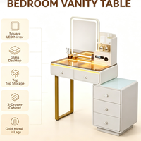 Ensemble de coiffeuse de luxe européen à LED avec miroir tactile ovale, table de maquillage et armoire latérale de rangement pour chambre à coucher