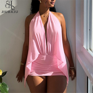 Abito da spiaggia <span class=keywords><strong>sexy</strong></span> in rete <span class=keywords><strong>trasparente</strong></span> senza schienale da donna, mini abito aderente con scollo a V profondo e allacciatura all'americana - Product Image 1
