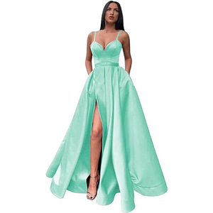 Satin Prom Evening Gown A-Line Sweetheart Neckline Strappy Slit Pockets Long Formal Dress For Party Wedding - Product Image 5