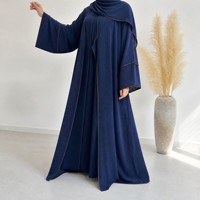 Abaya légère et respirante à effet froissé, ouverte sur le devant avec bordure passepoilée pour femmes musulmanes, grande taille, robe de prière hijab, vente en gros