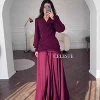 Nouvelle Robe Longue de Soirée Bordeaux Chic Française en Mousseline Plissée à Col V et Manches Longues Lanterne, Taille Haute, Collection Printemps 2026 – Vente en Gros