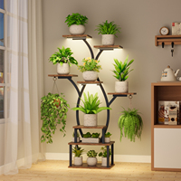 Support de plantes LED en forme de branche d'arbre avec chaîne suspendue pour fougères, présentoir haut en bois et métal à 8 pots, coin douillet pour salon