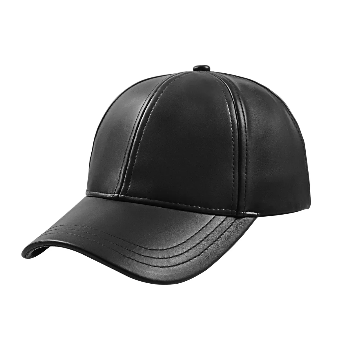 Men's Curved Brim Black Custom Baseball Cap Genuine Leather Hat