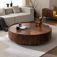 Table basse ronde moderne en bois de noyer avec base métallique, ensemble de tables d'appoint de luxe pour salon avec rangement