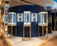 Vitrine à bijoux de luxe en acier inoxydable, vitrine à bijoux en forme de tour, verre incurvé, éclairage LED intelligent, serrure électronique, personnalisable