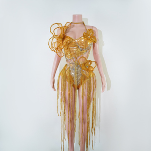 Combinaison à franges florales en or TianYi, style <span class=keywords><strong>asymétrique</strong></span> 3D, avec strass, pour spectacle de showgirl - Product Image 2