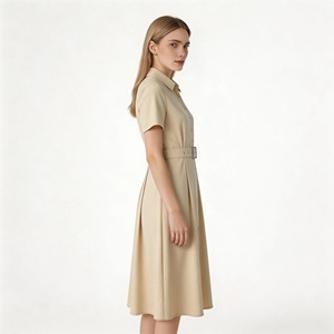 Vestido Camisero Beige <span class=keywords><strong>con</strong></span> Cinturón para <span class=keywords><strong>Mujer</strong></span>, Cuello Camisero, Manga Corta, Plisado, Midi, Informal, <span class=keywords><strong>de</strong></span> Oficina, para Trabajo - Product Image 4