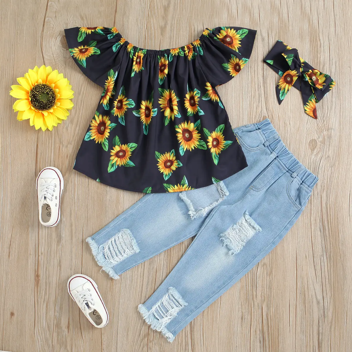 Girl Clothes 2pcs Sets Short Sleeve Sunflower Shirt With Jeans Pants Baby Children Kids Clothes