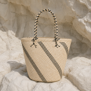 Eco-friendly <b>Straw</b> Tote <b>Bag</b> with Black Diagonal Checkered Pattern Bohemian Style Open Top Summer Beach <b>Bag</b> From Bali - Product Image 3