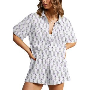 Ensemble de pyjama floral pour femmes, chemise à manches courtes boutonnée, shorts en tissu Oxford respirant, vêtements décontractés pour le printemps et l'été - Product Image 1
