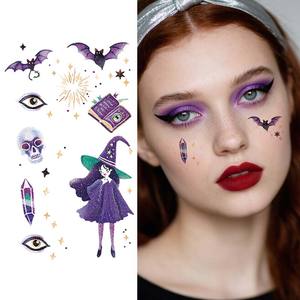 Halloween tatuajes temporales cara pegatina Halloween brillo calabaza <span class=keywords><strong>bruja</strong></span> calavera hechizo libro dibujos animados tatuaje impermeable para cara brazo - Product Image 1