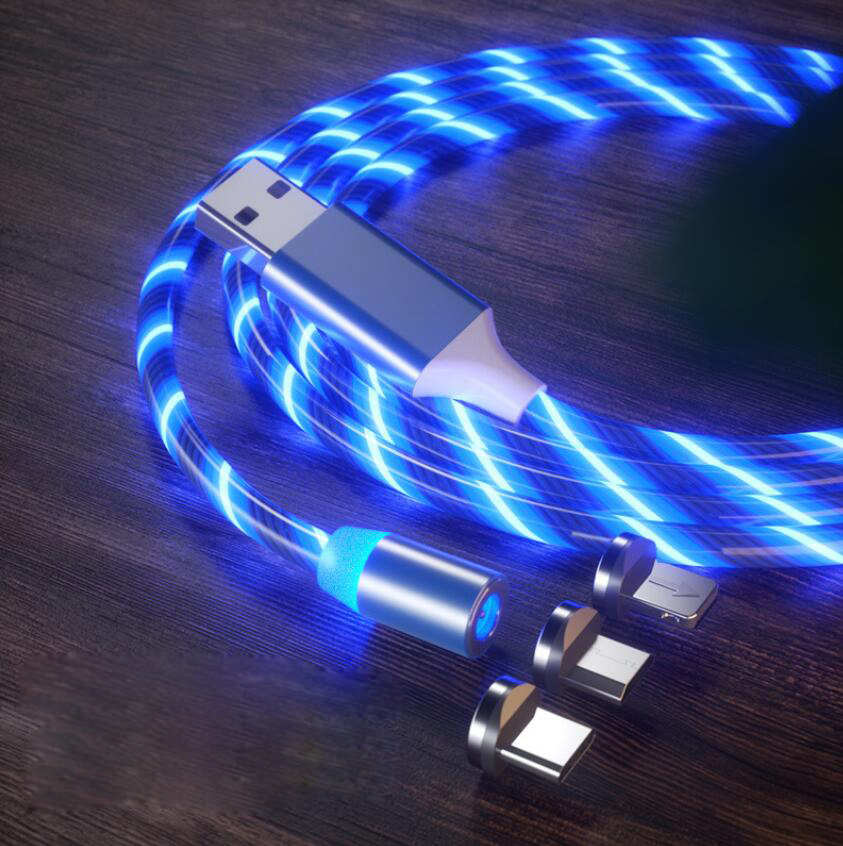 Que fluye Luz Led 3 en 1 teléfono móvil Cables 2A 3A USB magnético Cable de cargador tipo C Micro de carga para Iphone cargador