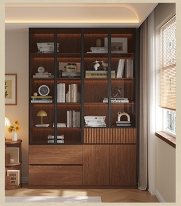 Bibliothèque en bois massif XHA, armoire de rangement pour bureau avec portes en verre, design minimaliste, bois de noyer noir. - Product Image 3