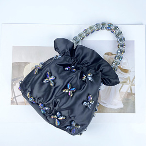 Ladies Fashion Open for <strong>Green</strong> Crystal Pearl Canvas <strong>Clutch</strong> with Drawstring Handmade Satin Handbag Purse Women Cross-Body Strap - Product Image 2