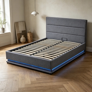 Base de <span class=keywords><strong>lit</strong></span> avec éclairage LED et rangement, gain de place, tête de <span class=keywords><strong>lit</strong></span> triple couche rembourrée en <span class=keywords><strong>lin</strong></span>, pour distributeurs de meubles, commande en gros - Product Image 2