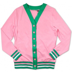 Suéter Cárdigan Personalizado para Mujeres de Hermandades Universitarias, Color Rosa y Verde, Cuello en V, Ribete a Rayas, Manga Larga, Cierre de Botones - Product Image 1