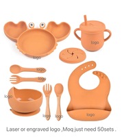 Ensemble de 8 cuillères et fourchettes d'alimentation en silicone pour bébé avec bol à succion Assiette divisée en forme de crabe chaud Bavoir réglable pour tout-petit