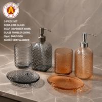Ensemble de 3 accessoires de salle de bain de luxe en verre : distributeur de savon, gobelet et plat ovale pour la décoration de la salle de bain d'hôtel, vente en gros