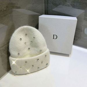 Wholesale Customize Women's <b>Winter</b> Knitted Beanie <b>Hats</b> with Rabbit Fur Letter Pattern Common Fabric Rhinestones - Product Image 3