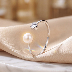 S925 <b>Silver</b> Open <b>Adjustable</b> Freshwater Pearl <b>Ring</b> Heart CZ Dainty Minimalist Pearl Jewelry for Women Valentine Gift - Product Image 3