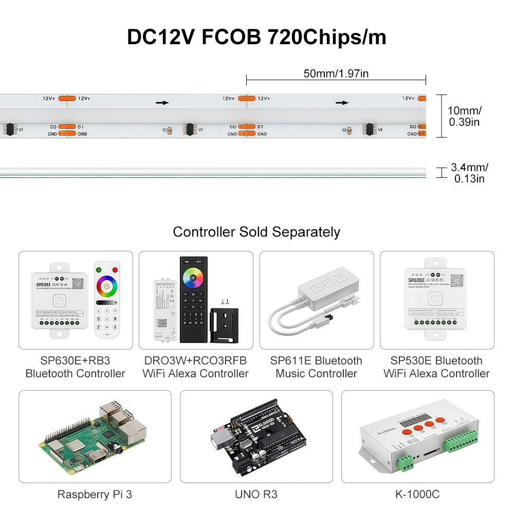 ESANN RGB COB LED Strip Light 720leds Dimmable Multicolor Flexible Tape for TV Bedroom Party DIY Decoration Color Changing DC12V