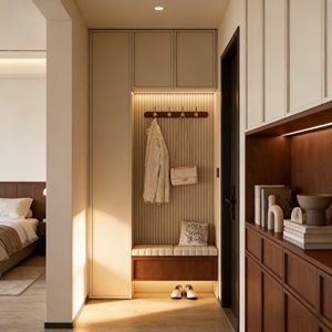<span class=keywords><strong>Armadio</strong></span> di Lusso con LED e Panca, in Noce Beige, con Ripiani, Cassetti e Area Appendiabiti, Personalizzabile per Hotel - Product Image 2